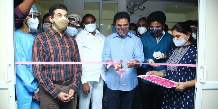 KTR inaugurates Project Ashray’s Full Fledged 100 Bed COVID Care Centre Equipped with 6 ICU Beds,telangana covid news,v9 news telugu,teluguworldnow.com,cyberabad police,cp sajjanar ips,3
