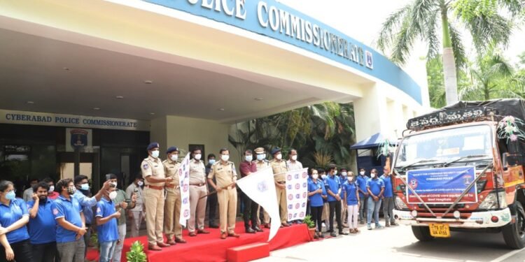 Society for Cyberabad Security Council (SCSC) and Cyberabad Police flagged off Covid relief material for 30 District Hospitals in Telangana,v9 news telugu,teluguworldnow.com.2