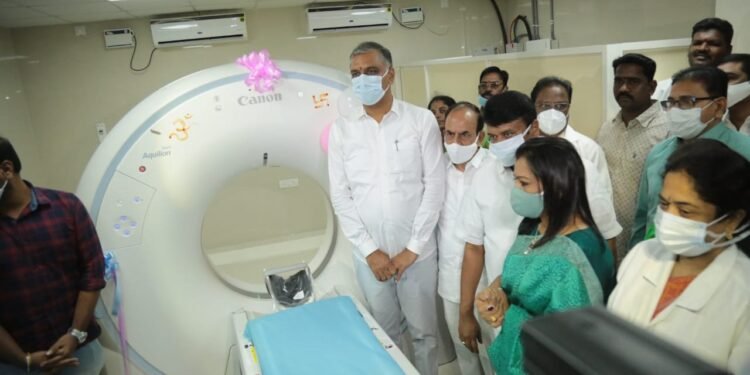 Health Minister Harish Rao inaugurated the CT scan set up worth Rs 2 crore in Gandhi Hospital,Minister Talasani Srinivas Yadav,Mayor Gadwal Vijayalakshmi,Telangana News,v9 news telugu,telugu golden tv,teluguworldnow.com,