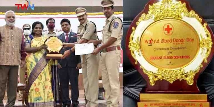 Governor of Telangana Dr. Tamilsai Sounderrajan has felicitated Rachakonda Police with Government Department for Highest Blood Donations Award in a program conducted on World blood donation day