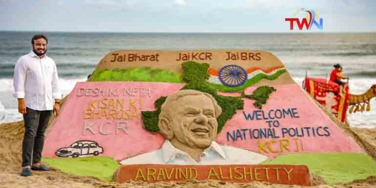 Sculpture of KCR Saikata in Puri inviting National Party,trs party leader Alishetty Arvind,Telugu Golden TV,v9 news telugu,www.teluguworldnow.com,My Mix Entertainments,telugu world news