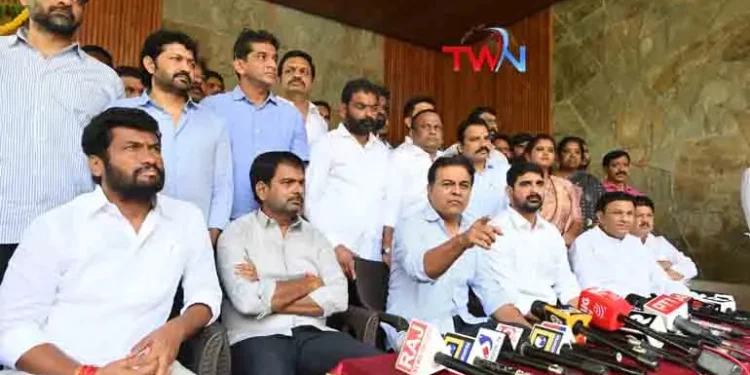 BRS Working President KTR spoke to the media at party MLA Kaushik Reddy's house, Telangana Political News, Telangana Latest News, KTR Pressmeet, Telangana politics, Telugu World Now