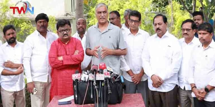 Former minister Harish Rao in a media conference held at his residence in Kokapet, Telangana Political News, Telangana Latest News, Telangana politics, Telugu World Now