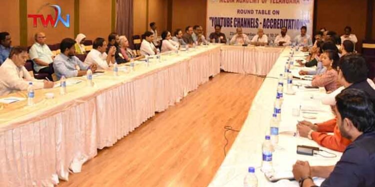 Issuance of YouTube news channels recognition accreditations, Telangana Media Academy round table meeting, Chairman K. Srinivas Reddy, Telugu World Now